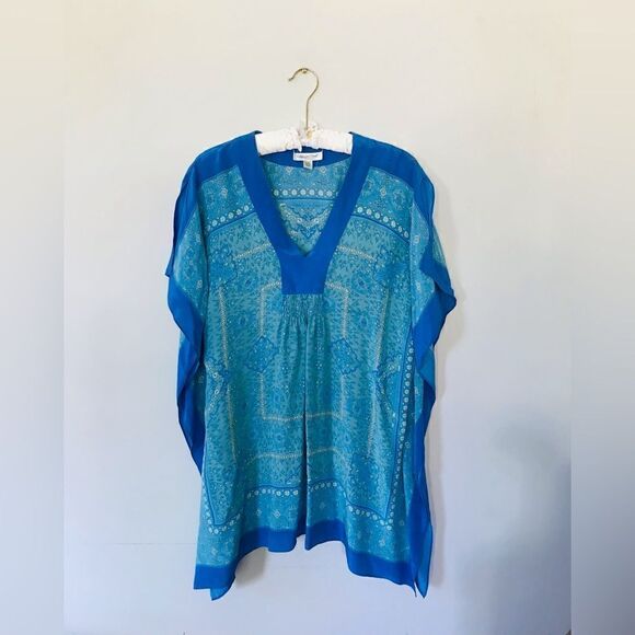 Coldwater Creek Silk bohemian Blue Printed Poncho Size large / XL - Picture 1 of 7